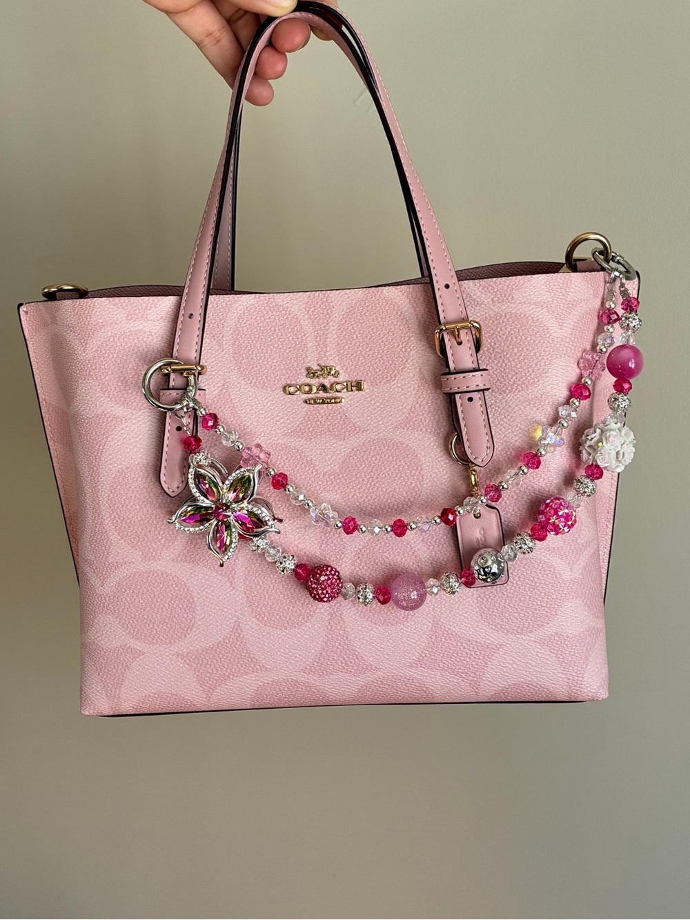 Hot Pink Floral Crystal Beaded Keychain Bag Charm Chain